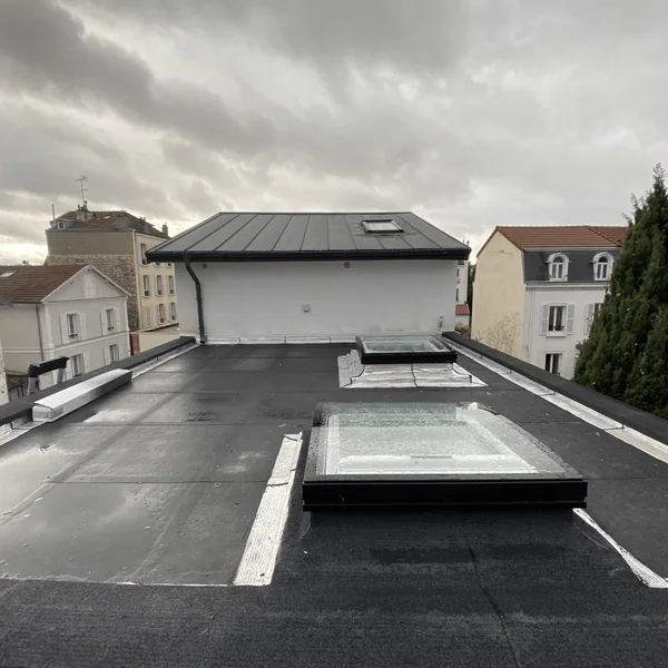 Trois fenêtres de toit VELUX posées sur une toiture-terrasse à Asnières-sur-Seine